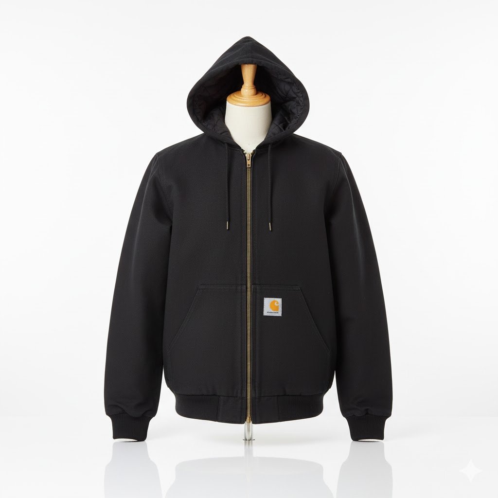 Plain black Carhartt hooded work jacket with no applied graphics