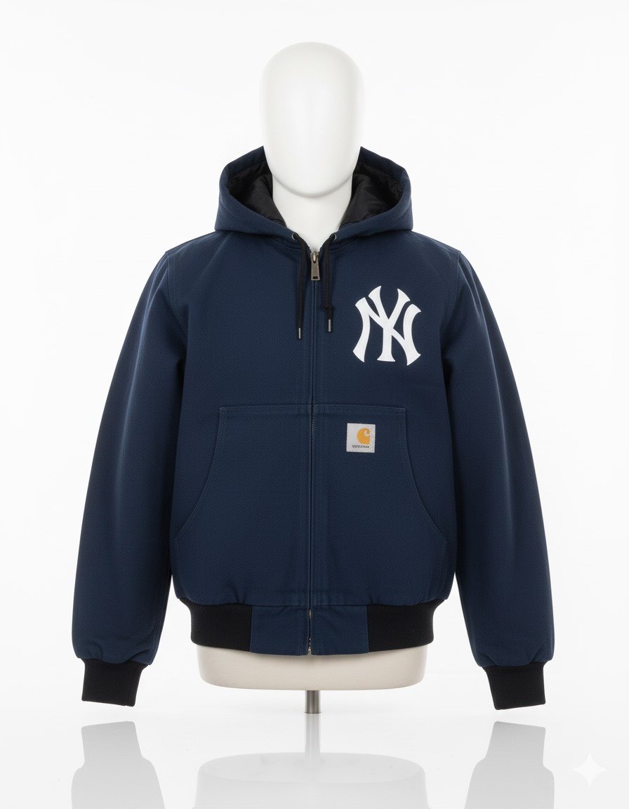 Reworked navy Carhartt hooded jacket with an applied NY logo