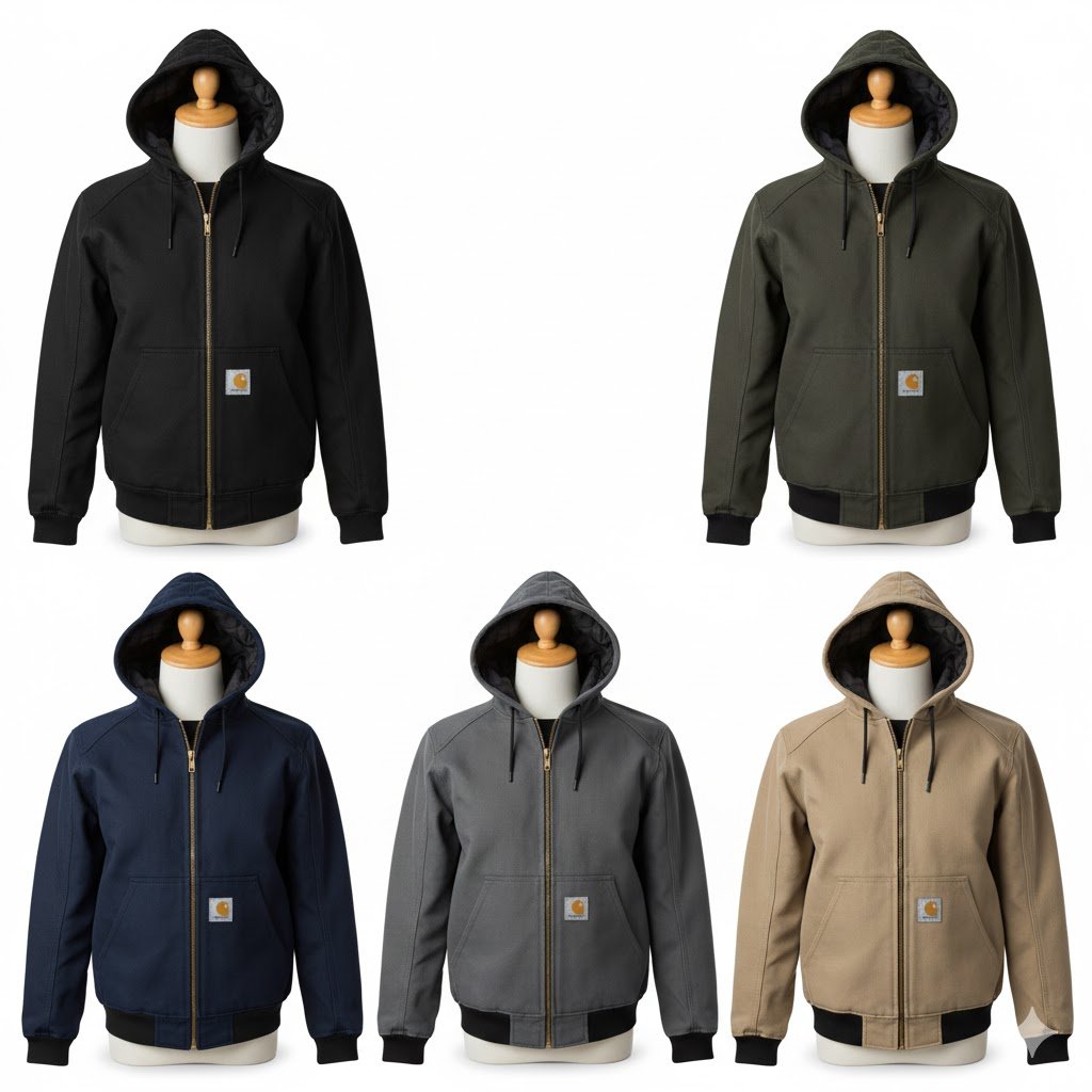 Five Carhartt hooded work jackets in black, olive, navy, grey and tan